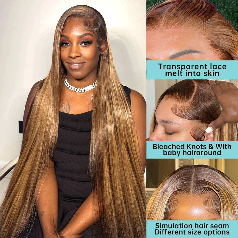 Honey Blonde 4/27 Highlight Wig 13x6 HD Lace Frontal Natural Hairline Pre-Plucked 13x4 Bone Straight Colored Lace Front Wigs