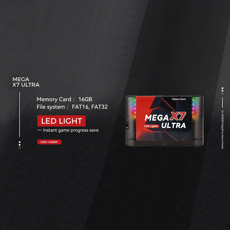 LED Light Mega X7 Ultra Instant Save  Game Cartridge for SEGA GENESIS Mega Drive MegaDrive Game Console With Manual Support 32x