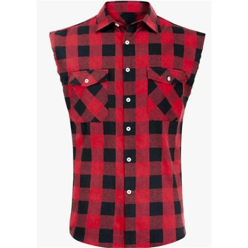 Men's Summer Sleeveless Vests Turn-down Collar Shirts sports Vest Single-breasted Plaid Tank Top cardigan Casual Vests Men tops