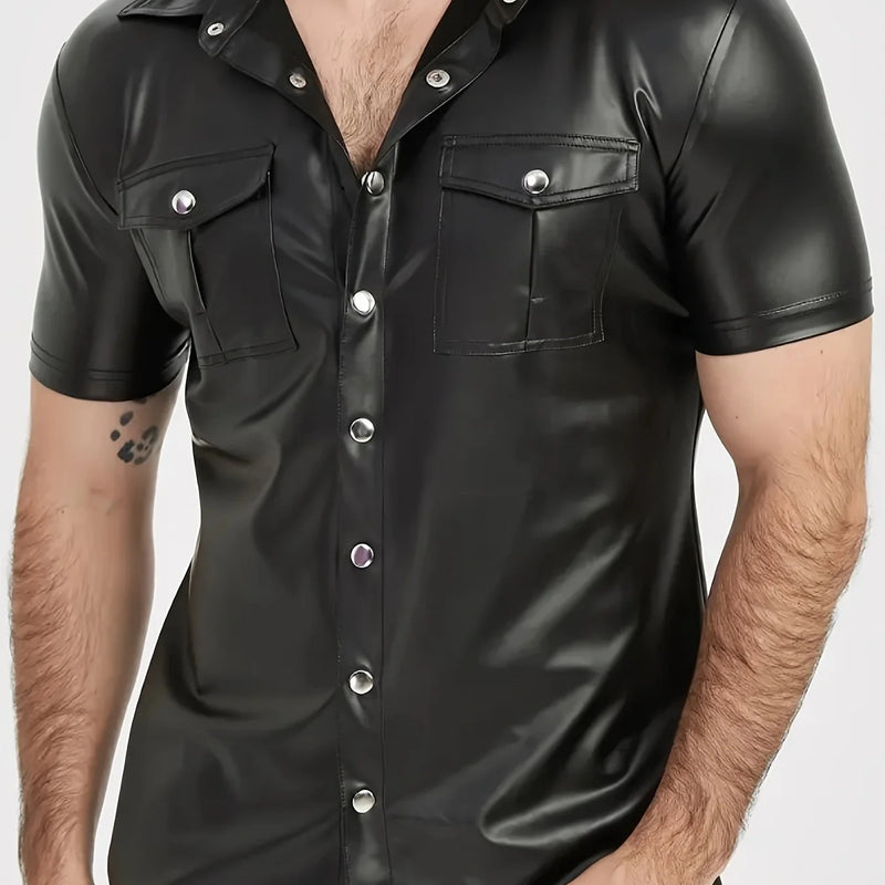 Men's PU leather short-sleeved street style button-down | SAMAG