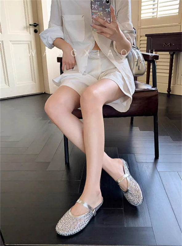 Luxury Shinny Diamond Women Mules Slippers Summer Shoes Crystal Footwear Rhinestones Slip On Brand Mary Jane Sandals Mesh Clogs
