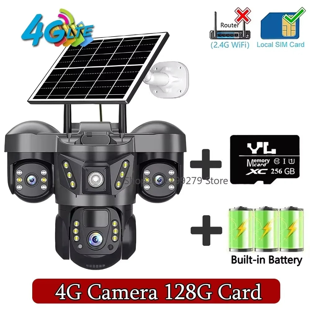Solar 4G/WIFI IP Camera 15MP Three Lens Three Screen  Waterproof Monitor Night Vision Security Protection PTZ Video Surveillance
