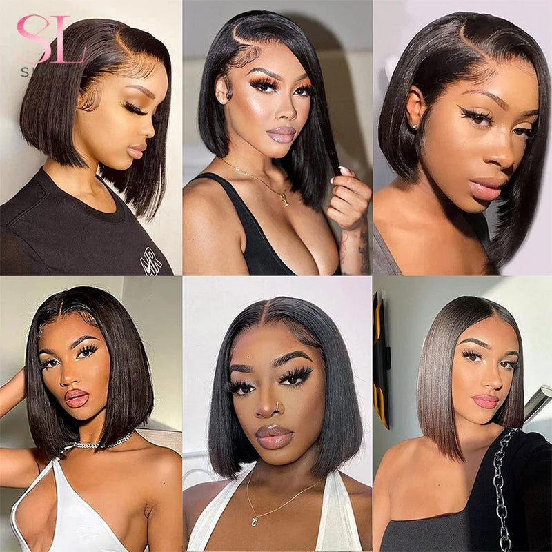 Straight Short Bob Human Hair Wigs for Black Women Lace Part Brazilian Hair Wigs Remy Hair Middle Part Side For Brown Women