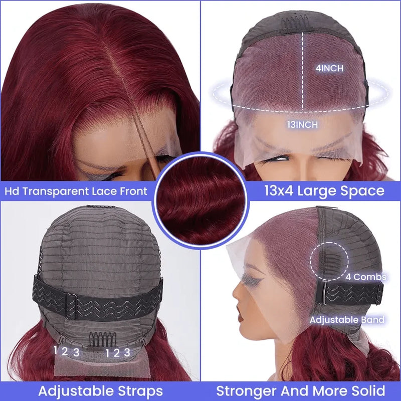TIMOPOL 13×4 Lace Front Wigs 99J Jerry Curl Wigs For Women High Density Pre-Plucked Hairline Red Curly Human Hair Wigs