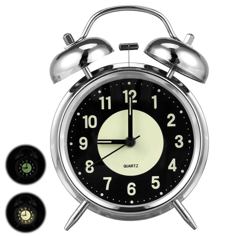 4 Inch Super Loud Alarm Clock for Heavy Sleepers Metal Retro Twin Bell with Backlight Quartz Analog Clock for Bedroom Bedsides