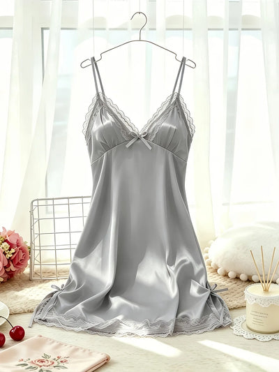Women's Satin Cami Nightdress V Neck Lace Trim Sleepwear | SAMAG
