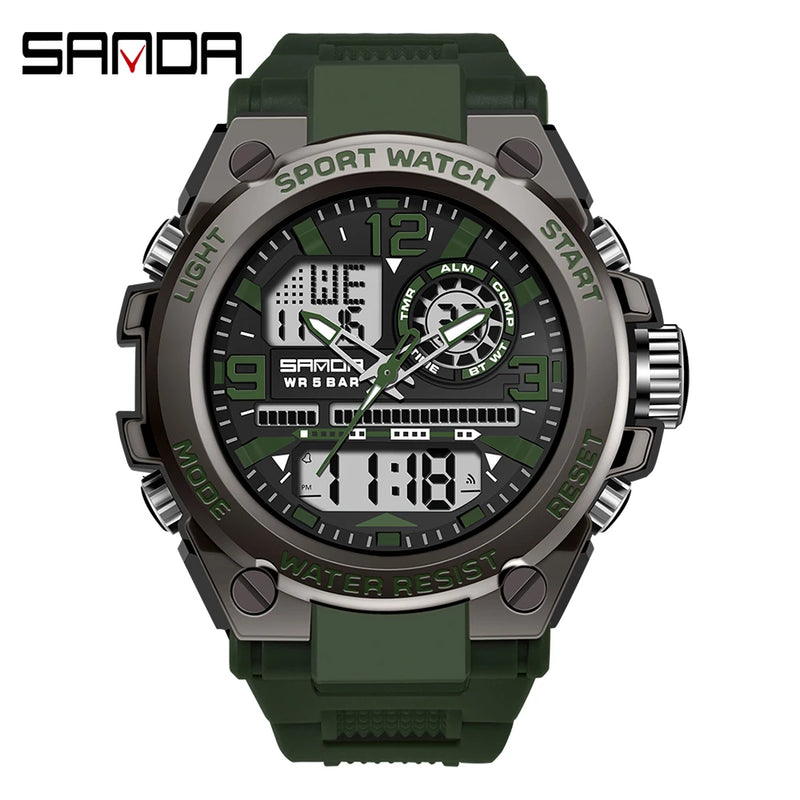 SANDA 6024 Men Sports Quartz Watches Dual Display LED Electronic Digital Wristwatches Waterproof Watch Relogios Masculino