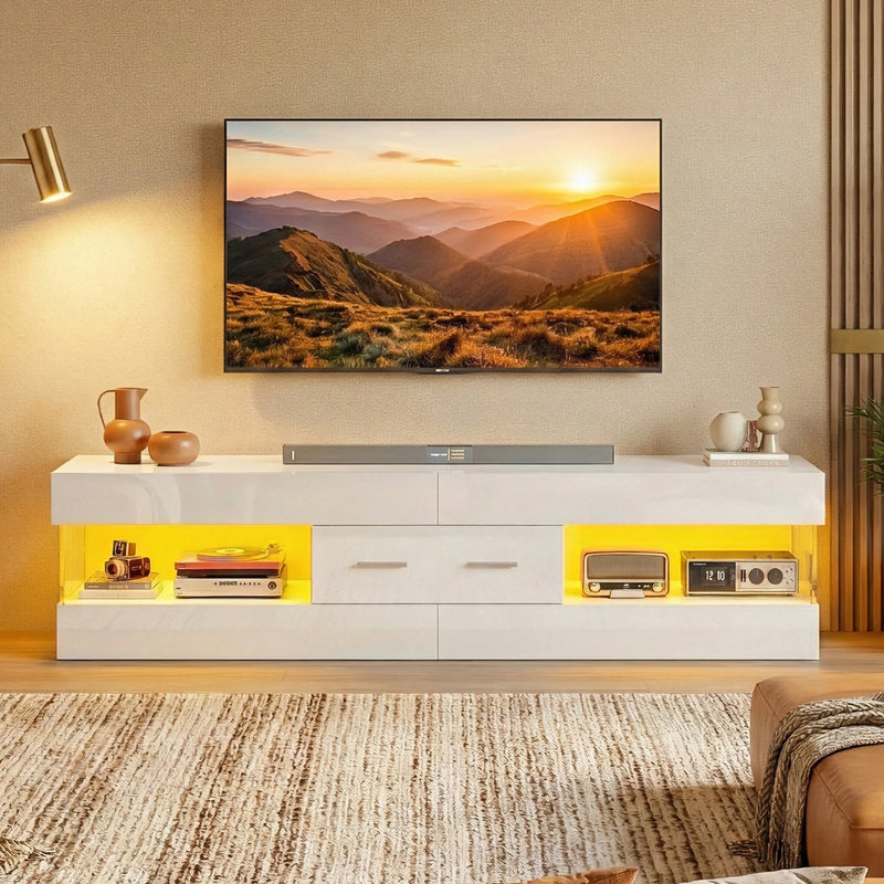 67" TV Stand for 75" TVs, High Gloss LED Media Console with Stone Doors, Drawer & Storage for Living Room, White
