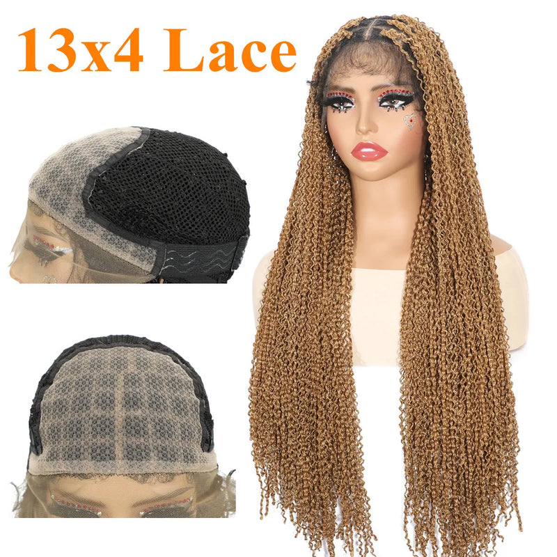 13x4 Lace Frontal Synthetic Braided Wig for Black Women Small Deep Wave Long Brown Wigs Crochet Braiding Wig with Baby Hair