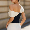 Chic One Shoulder Twisted Color Block Navy White Slim Fit - View 2 | SAMAG
