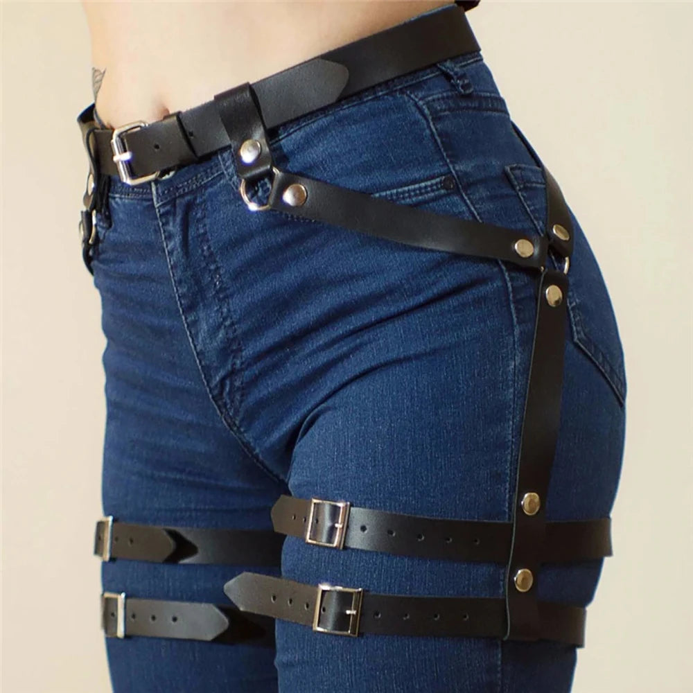 Studded Decor Harness Belt Leg Harness Suspenders Pu Leather Thigh Garter Harness for Women Harness Clothing Accessories