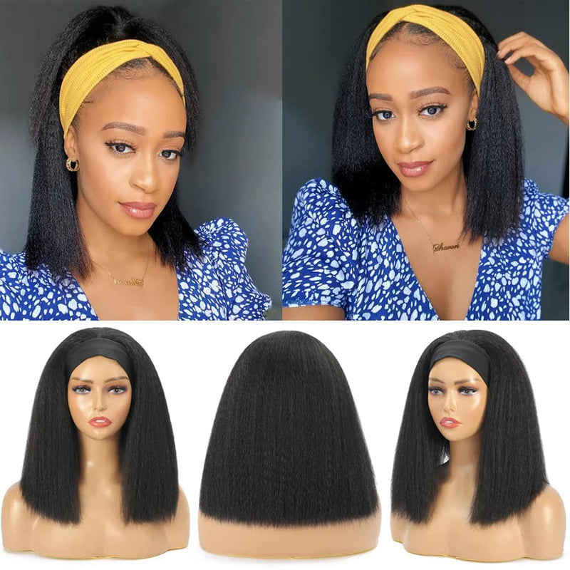 Short Bob Wig 250 Density Kinky Straight Headband Human Hair Wigs Clearance For Women Machine Made Yaki Straight Virgin Hair