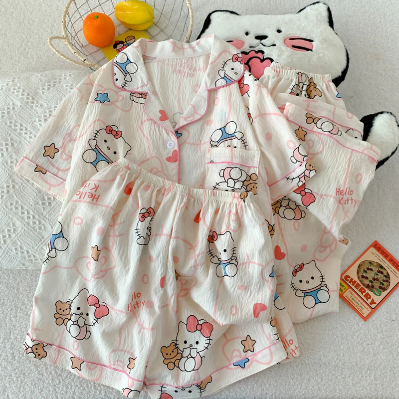 Cartoon Hello Kitty Summer Cardigan Lapel Women's Pajama Set Cloud Cotton Cute Printed Casual Loungewear Three-piece Set