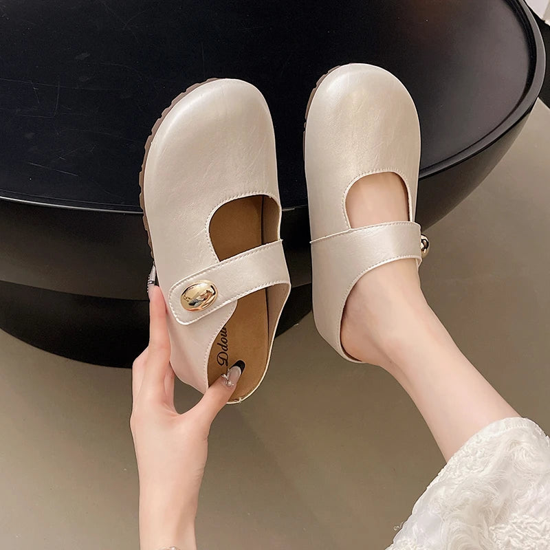 Summer Women Metallic Round Toe Mary Jane Hook & Loop Strap Mules Clogs Non Slip Casual Flats Sandals Slippers Shoes for Ladies