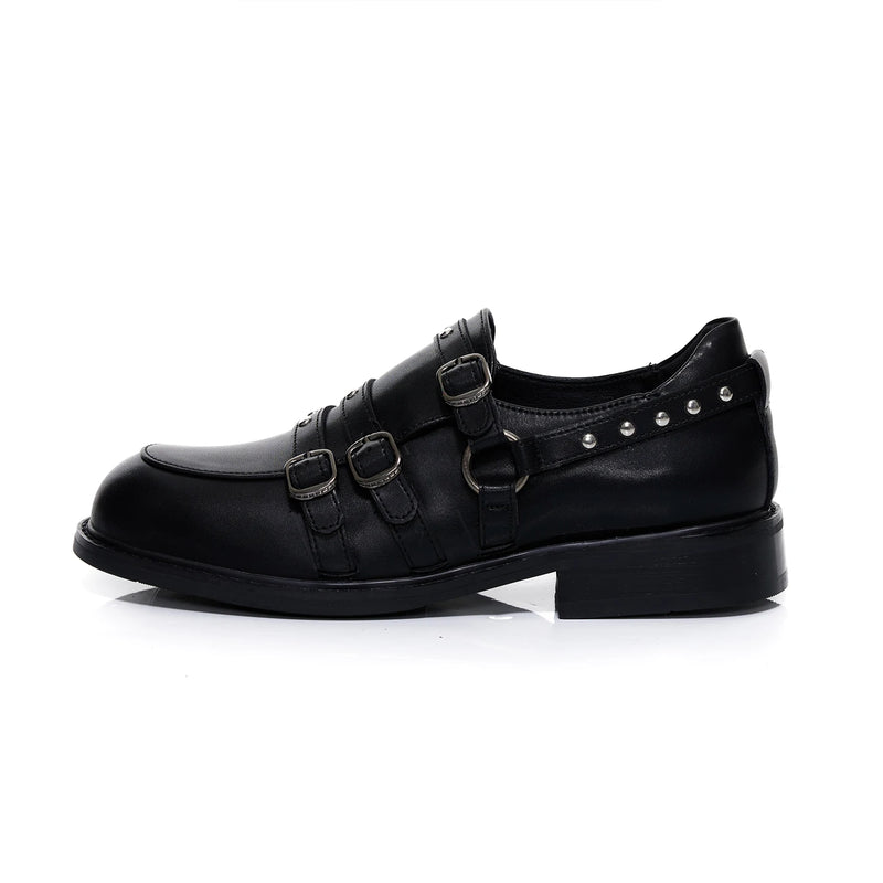 Original niche design buckle strap thick heel loafers men's metal decoration punk round toe leather shoes