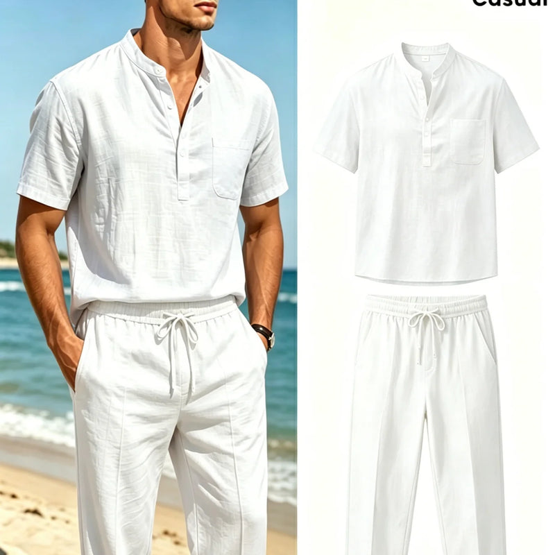 Men's Cotton Linen Henley Shirt and Drawstring Pants Set | SAMAG