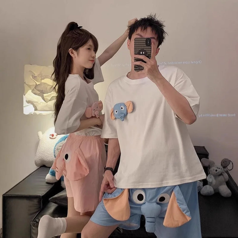 New Summer Couple Outfits Pajama Homewear Suit Men Wowen Squeaky Elephant Shorts Pant Boy Grils Loose Suit Leisure Pajamas Pants