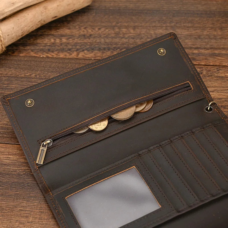 Men's Vintage Crazy Horse Leather Chain Wallet Genuine Leather Bifold Long Wallet Snap Card Holder Purse Zipper Coin Rfid Pocket