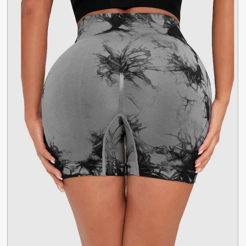 Seamless Tie Dye Style High Waist Quick Dried Fitness Triple Pants Honey Peach Hip Lift Yoga Sports Tight Shorts
