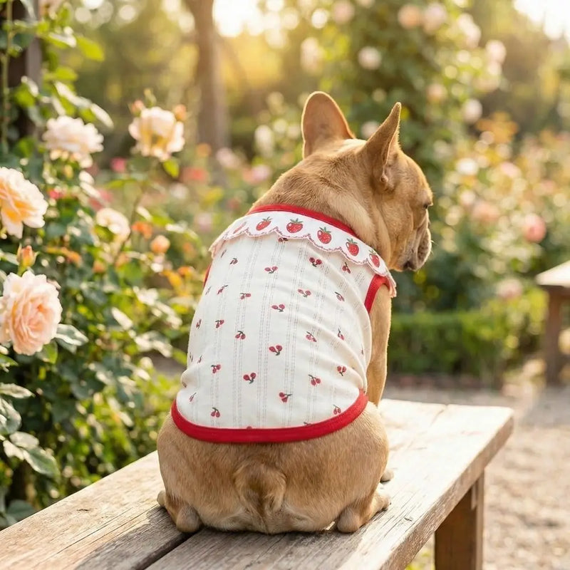 Fashion Ruffled Collar Cat Strawberry Vest Cherry Pattern Breathable Pet T-shirt Soft Thin Dogs Short Sleeve Daily Use