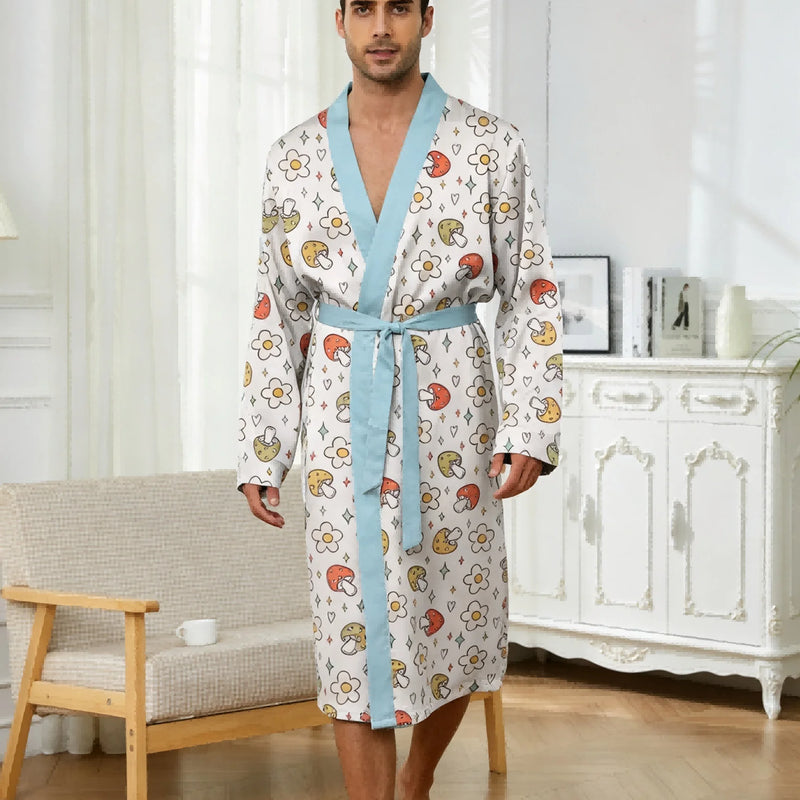 Men's lightweight quick-drying pajama bathrobe - 3D digital printing, non-fading design, stand-up collar and adjustable waistban
