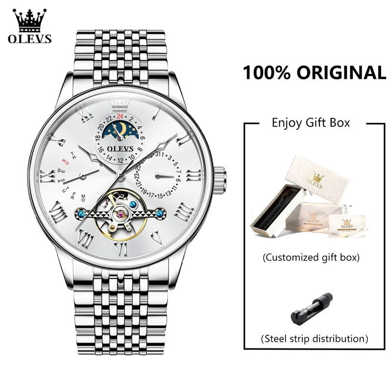 OLEVS 7009 Business Skeletonizing Mechanical Watch Gift Round-dial Genuine Watchband Wristwatch Week Display Calendar Men Watch