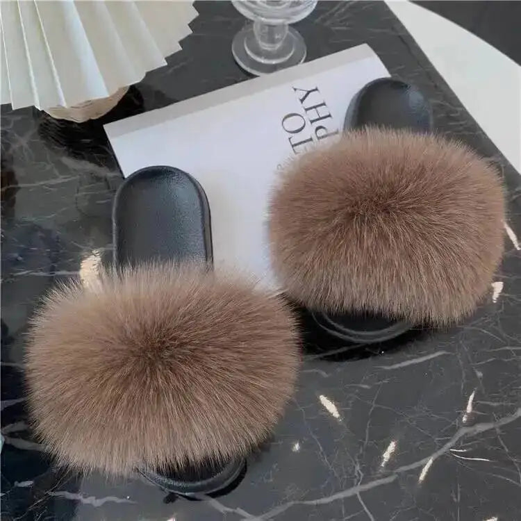 Women Real Raccoon Fur Slides Fluffy Luxury Furry Open Toe Slippers Indoor Outdoor Summer Sandals Non Slip Soft Comfy Sole Cozy