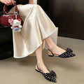 Women French Polka Dot Plaid Bow Slingback Sandals, Pointed Toe Thin Strap Flat Pumps, Vintage Daily Wear Mules