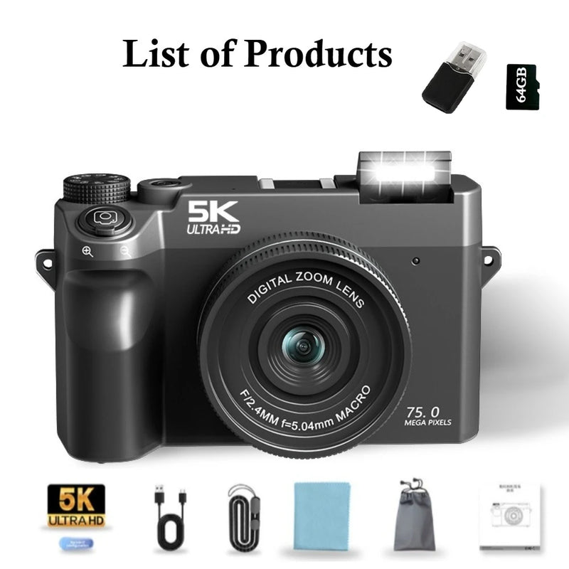 5K Digital Camera for Photography,75MP Point and Shoot Digital Cameras 64GB, Dual Lens 18X Zoom Autofocus, WiFi Vlogging Camera