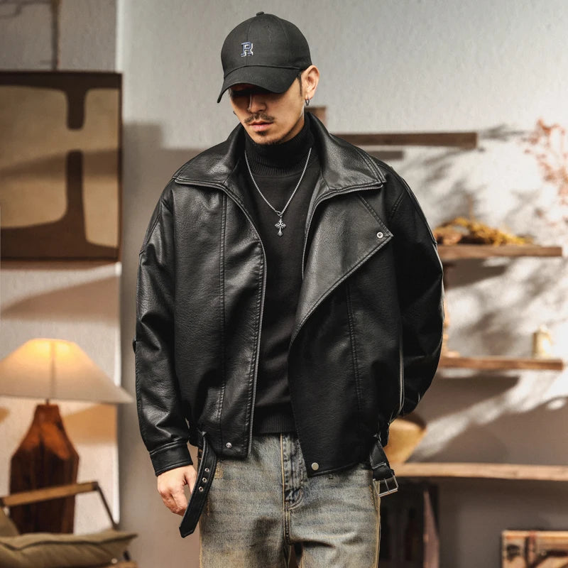 Winter Faux Fur Liner Leather Bomber Jacket Men Streetwear Fashion Loose Thicken Leather Casual Vintage Motorcycle Jacket Coat
