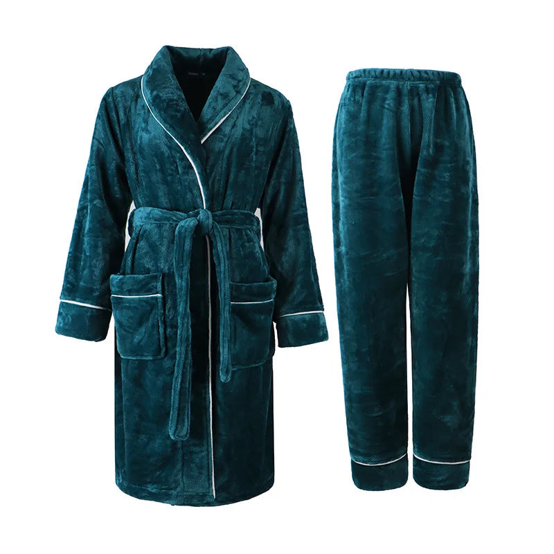 Flannel Couple Robe And Pant Set Warm Autumn Winter Thick Coral Fleece Pajamas Women's Bathrobe Men's Sleepwear Loose Home Cloth