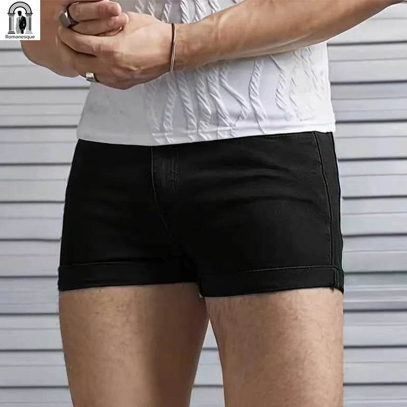 Men's Sexy Slim Fit White Denim Shorts, Rolled Cuff | SAMAG