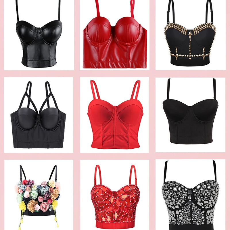 Wechery Women Leather Corset Top Crop Bustier Gothic Bra Push Up Bodice Sexy Lingerie Corselet Party Short Camis Plus Size 6XL