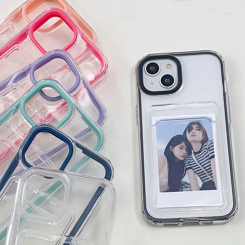Simple Fashion Card Pocket Bag Colorful Bumper Phone Case For iPhone 16 17 Pro Max 15 14 13 12 11 16 Plus Air Clear Back Cover