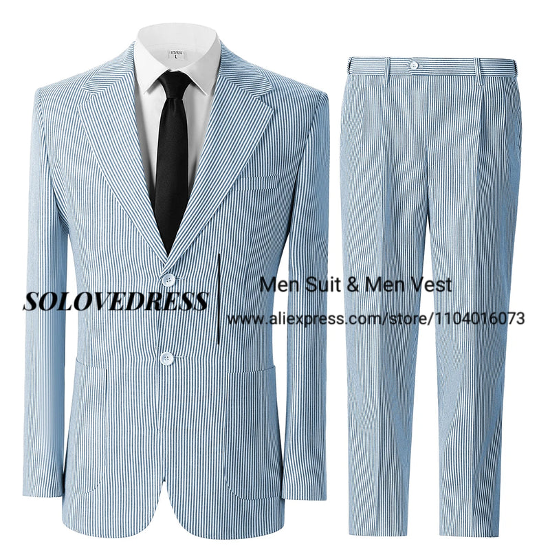 Men's Seersucker Striped Suits 2 Piece Slim Fit Summer Casual Pinstripe Suit for Men Wedding Grooms Blazer Jacket Pants Sets