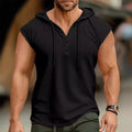 Men Vest Hooded Drawstring Sleeveless Tops Solid Color T-Shirt with Wide Shoulder Straps Button Adjustment Sports Vest