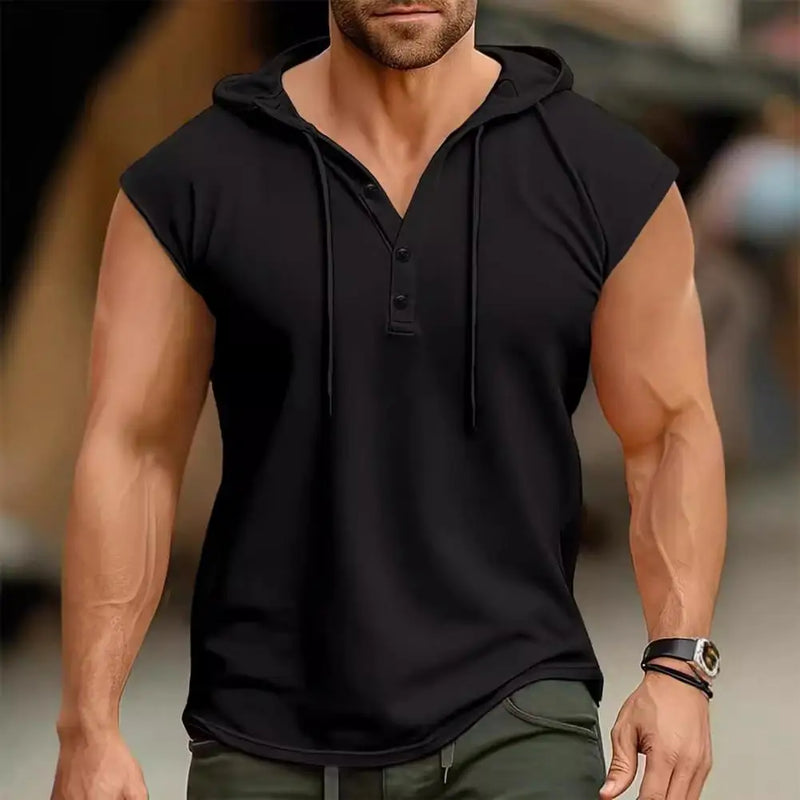 Men Vest Hooded Drawstring Sleeveless Tops Solid Color T-Shirt with Wide Shoulder Straps Button Adjustment Sports Vest