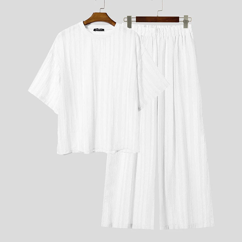 INCERUN Men's Sets Striped See Through Short Sleeve T Shirt Pants Two Piece Streetwear Loose Fashion - View 8 | SAMAG