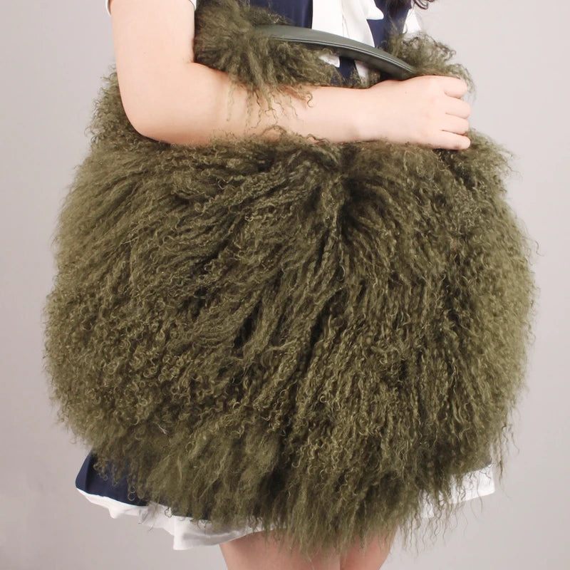 Luxury Real Mongolia Lamb Fur Handbag Soft Plush Genuine Leather Shoulder Boston Bag Women's Purse Hobo Style Fluffy Fuzzy Bags