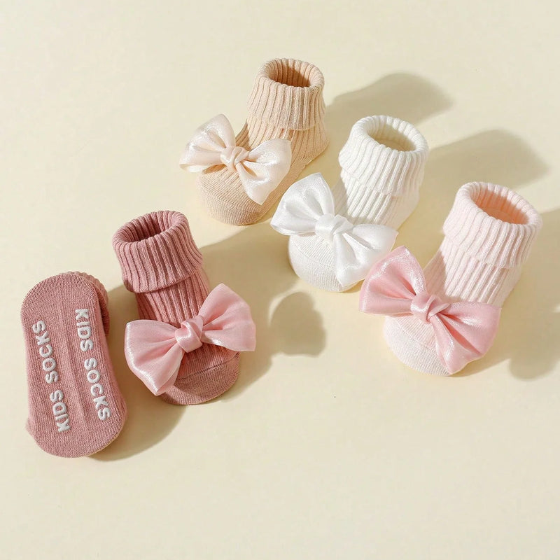 4 Pairs Toddler Socks with Bows, Soft Cotton Cute Ankle Socks for Infants Girls, Fashion Anty-Slip Newborn Baby Socks 0-24 Months