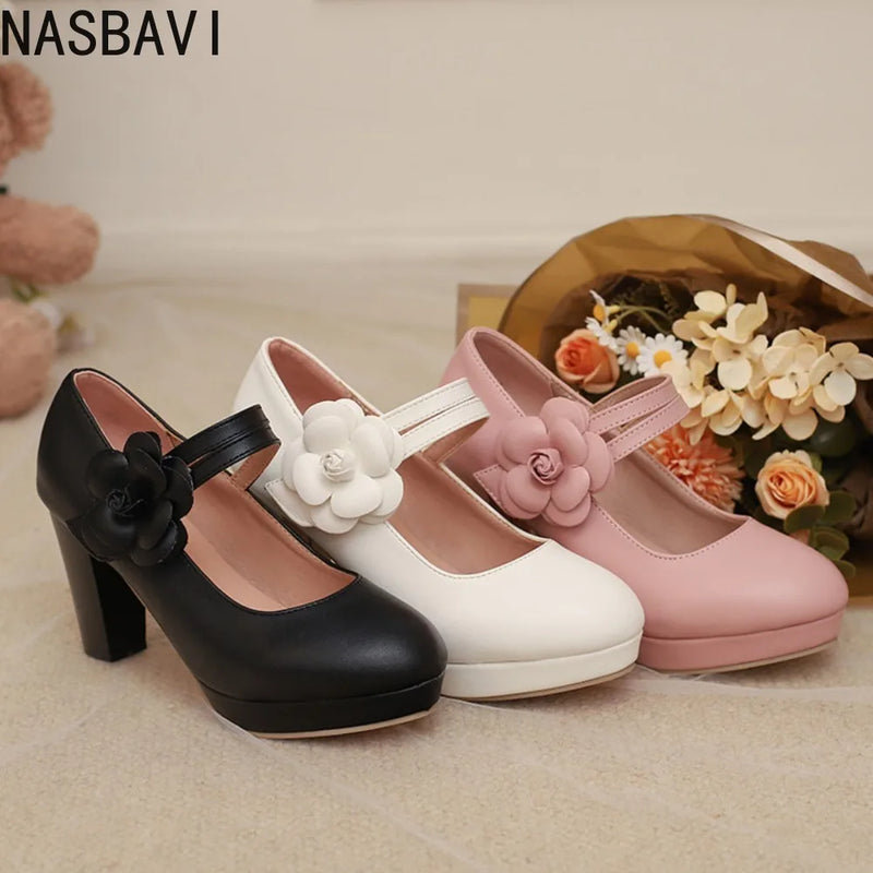 Platform Women's High Heels 8.5cm Pumps Fashion Flower Mary Janes Shoes Size 33- 48 Pink Black White Heeled Wedding Office Shoes