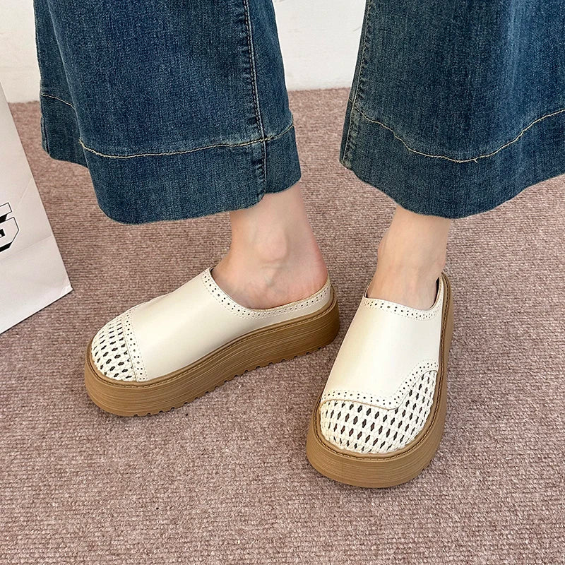New Summer Women Ladies Stylish Perforated Woven Chunky Platform Mule Clogs Round Toe Non Slip Casual Slide Slippres Dress Shoes