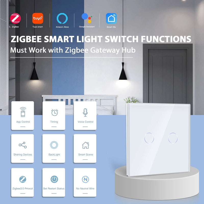 BSEED Zigbee Wall Switches Smart Touch Screen Light Switch 1/2/3Gang 1/2/3Way Google Alexa Tuya App Control No Neutral Line