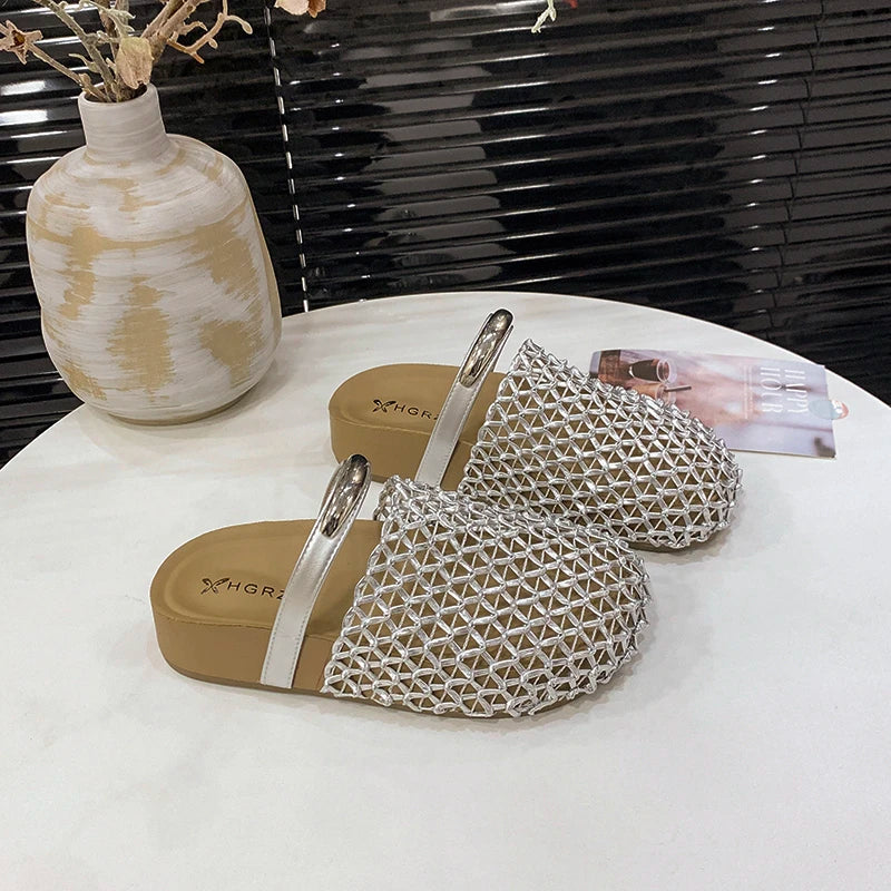 Women Hollow Out Mesh Woven Mules Slides Round Toe Metal Buckle Flat Backless Slip On Casual Summer Sandals Slippers Shoes Woman