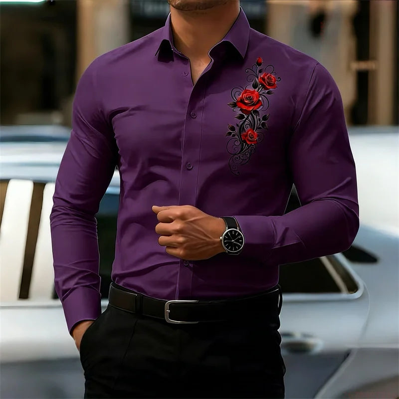 Men's Long-Sleeved Shirt, Featuring a Vintage Red Rose | SAMAG
