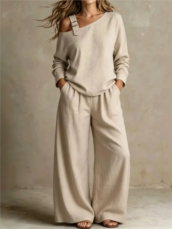 Women sexy one-Shoulder Strap Buckle casual two Piece Sets Autumn Solid Slant Neck Long Sleeve top  Wide Leg Pants Matching Sets