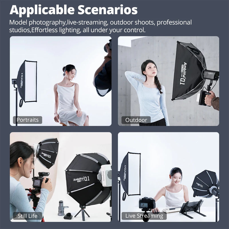 AMBITFUL Q1 30cm 45cm Octagon Softbox 20*50cm Strip Softbox Quick-Setup Design With Grid Mini Bowens or GODOX Mount For Studio