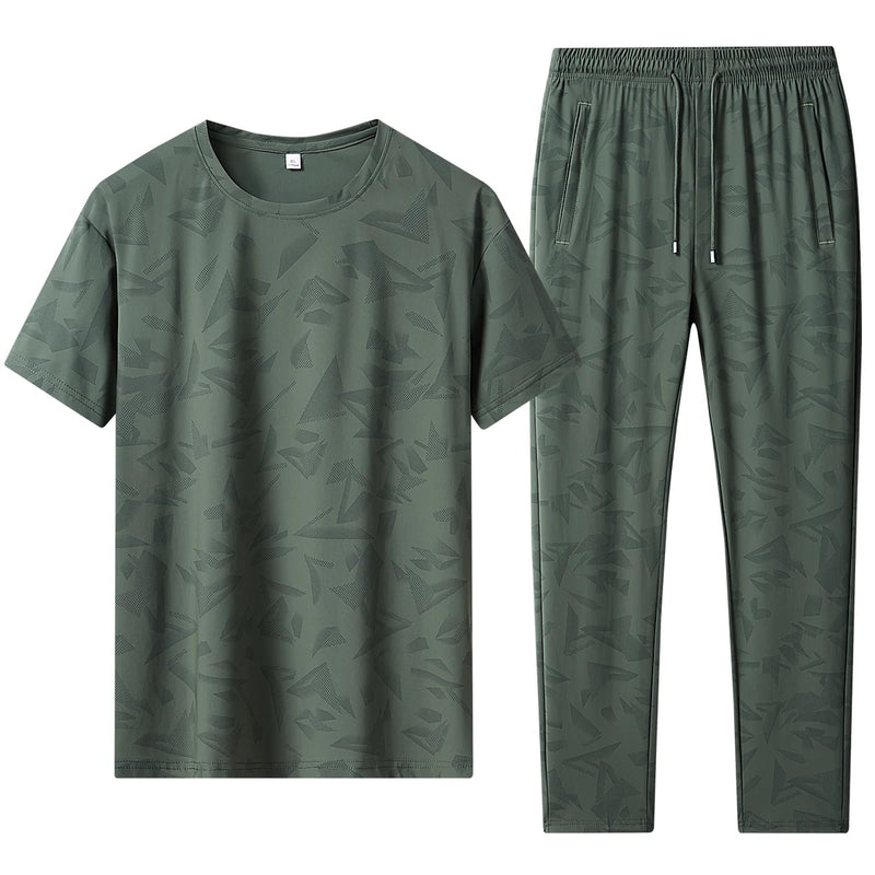 Men 2 Piece Quick Dry Tracksuit Round Neck Short Sleeve Tee Drawstring Straight Pants Camo Print Set - View 10 | SAMAG