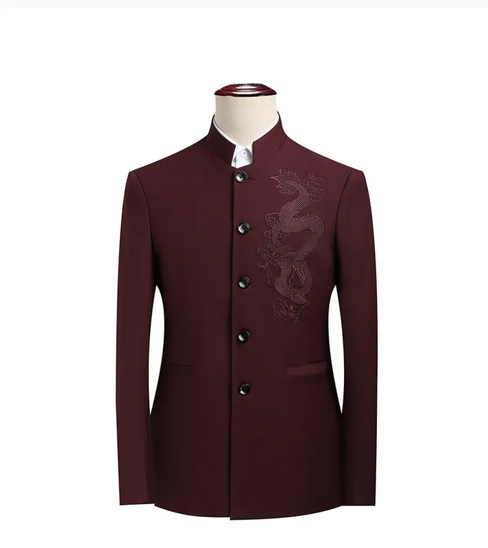 2026 New Men's Stand Collar Long Sleeve Suit Jacket, Asian Size Chinese-Style Slim-Fit Blazer in Dark Blue/Red/Grey/Black/White