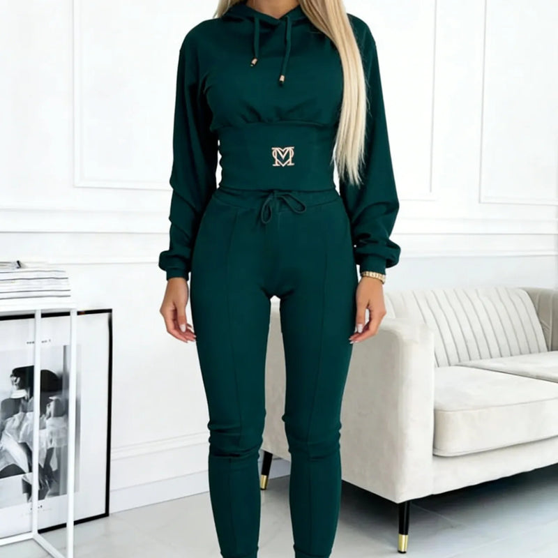 Women's 2 Piece Tracksuit Embroidered Letter Crop Hoodie Drawstring High Waist Pocket Jogger Pants Slim Casual Sports Outfit Set